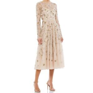 Mac Duggal || Sheer High Neckline Sequin Embroidered Midi Dress